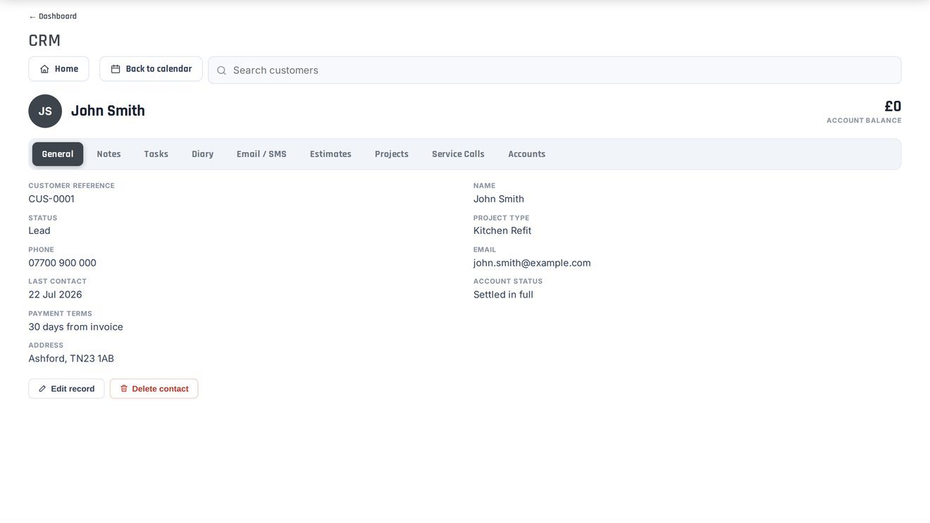 Customer record: notes, estimates, jobs and history