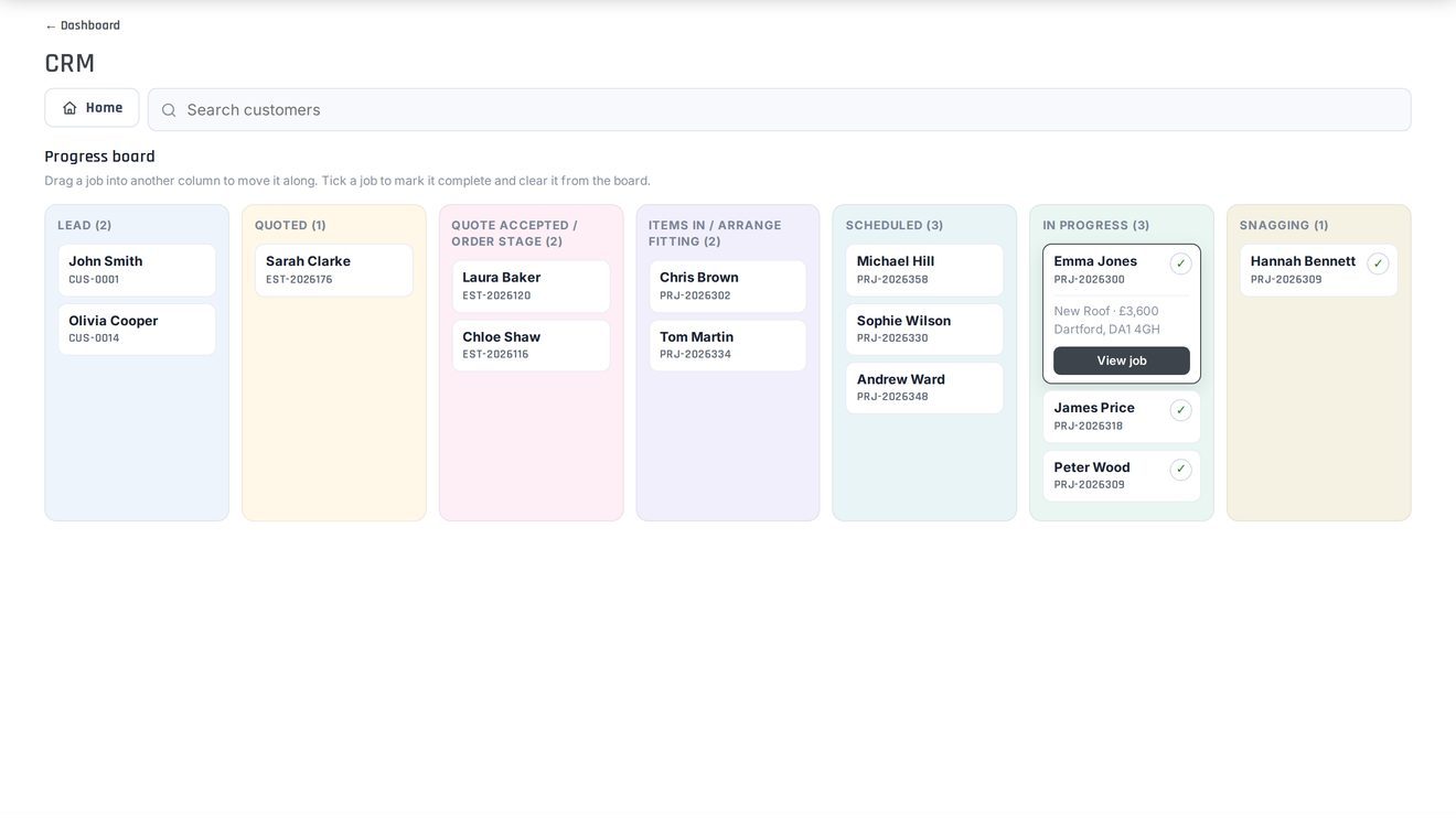 Progress board: drag a job from enquiry to quoted to fitted